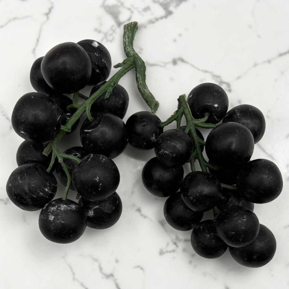 2 Alabaster Stone Black Grape Clusters Plastic Vines Realistic Fruit Vintage MCM
